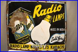 Vintage Porcelain Enamel Sign Board Radio Lamp Electric Bulb Sold Here Advertis