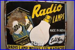 Vintage Porcelain Enamel Sign Board Radio Lamp Electric Bulb Sold Here Advertis