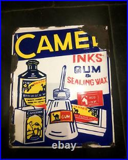 Vintage Porcelain Enamel Sign Camel Inks Gum & Sealing Wax Blue Red Ink 1940