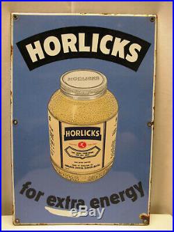 Vintage Porcelain Enamel Sign Horlicks For Extra Energy Food Advertisement Rare