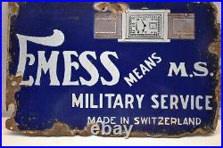 Vintage Porcelain Enamel Sign Watch Emess Means M. S. Military Service Switzerland