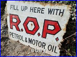 Vintage ROP Petrol & Motor Oil Enamel Advertising Sign Automobilia Rare Garage