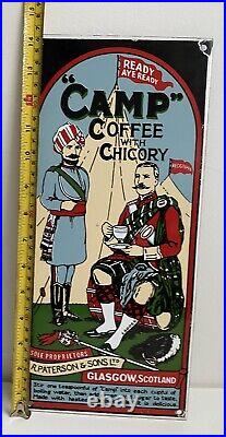 Vintage R. Paterson & Sons Camp Coffee With Chicory Enamel Sign, 16.5x36cm