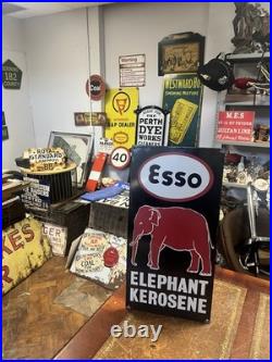 Vintage Rare Esso Red On Black Elephant Kerosene Enamel Advertising Sign 24x12