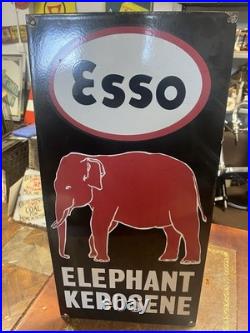 Vintage Rare Esso Red On Black Elephant Kerosene Enamel Advertising Sign 24x12
