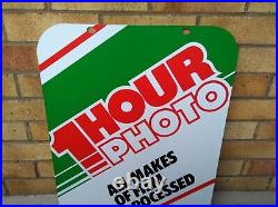 Vintage Retro c1970s 1-Hour-Photo x2 Sided Genuine Metal Shop Advertising Sign