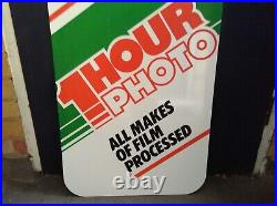 Vintage Retro c1970s 1-Hour-Photo x2 Sided Genuine Metal Shop Advertising Sign