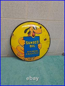 Vintage SUNOCO OIL advertising Button Enamel Sign 30cm Wide