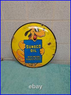 Vintage SUNOCO OIL advertising Button Enamel Sign 30cm Wide