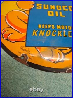 Vintage SUNOCO OIL advertising Button Enamel Sign 30cm Wide