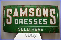Vintage Samsons Dresses Porcelain Enamel Advertising Sign Green White 48x24 Inch