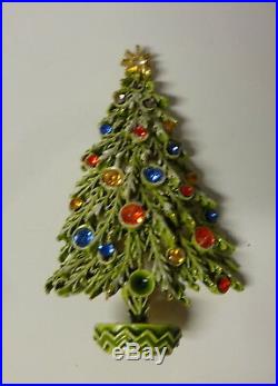 Vintage Signed ART Christmas Tree Snow Branch Enamel Color Rhinestone Pin Brooch