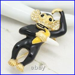 Vintage Signed CINER Mister Monkey Banana Enamel & Crystal BROOCH Pin Jewellery