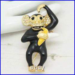 Vintage Signed CINER Mister Monkey Banana Enamel & Crystal BROOCH Pin Jewellery