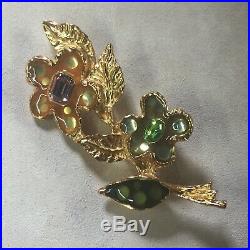 Vintage Signed Christian Lacroix Gold Tone Enamel Crystal Large Flower Brooch