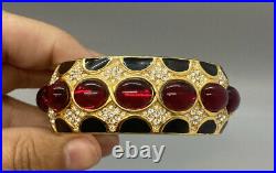 Vintage Signed Ciner Red Glass Cabochon Black Enamel Clear Rhinestones Bracelet