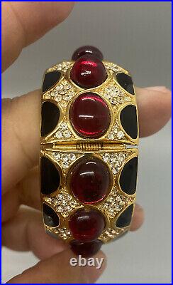Vintage Signed Ciner Red Glass Cabochon Black Enamel Clear Rhinestones Bracelet