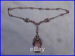 Vintage Signed Czech Pink Dangle Earrings Enamel Gold Gilt Filigree Necklace Set