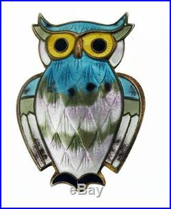 Vintage Signed David Andersen Norway Sterling Silver Guilloche Enamel Owl Brooch