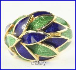 Vintage Signed Dpl 14k Gold Blue Green Enamel Leaf Leaves Dome Ring Size 5 1/2