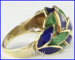 Vintage Signed Dpl 14k Gold Blue Green Enamel Leaf Leaves Dome Ring Size 5 1/2