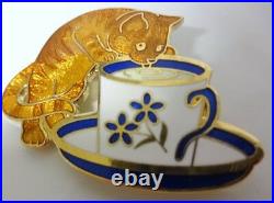 Vintage Signed Enamel Cat w Cup & Saucer Licking Milk Pin Brooch Rare
