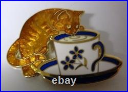 Vintage Signed Enamel Cat w Cup & Saucer Licking Milk Pin Brooch Rare