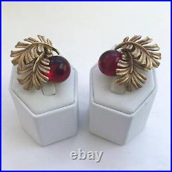 Vintage Signed Oscar de la Renta Goldtone Leaf Red Glass Cabochon Clip Earrings