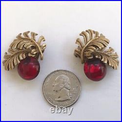 Vintage Signed Oscar de la Renta Goldtone Leaf Red Glass Cabochon Clip Earrings