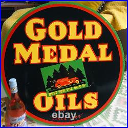 Vintage Signpast Gold Medal Oils Large Circular Baked Enamel Metal Sign 65 CM