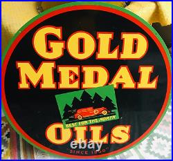 Vintage Signpast Gold Medal Oils Large Circular Baked Enamel Metal Sign 65 CM