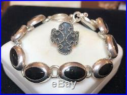 Vintage Sterling Silver Signed Jhc Black Enamel Ring Black Onyx Bracelet Mexico