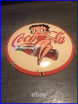 Vintage Style Domed Coca- Cola Enamel Betty Boop Porcelain Heavy Sign 12