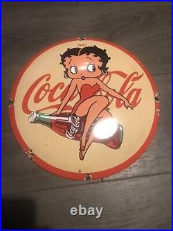 Vintage Style Domed Coca- Cola Enamel Betty Boop Porcelain Heavy Sign 12