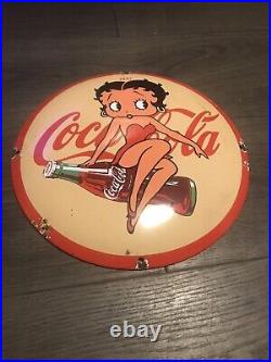 Vintage Style Domed Coca- Cola Enamel Betty Boop Porcelain Heavy Sign 12