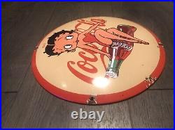 Vintage Style Domed Coca- Cola Enamel Betty Boop Porcelain Heavy Sign 12