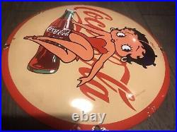Vintage Style Domed Coca- Cola Enamel Betty Boop Porcelain Heavy Sign 12