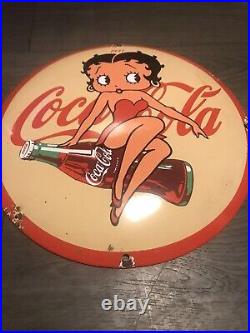 Vintage Style Domed Coca- Cola Enamel Betty Boop Porcelain Heavy Sign 12