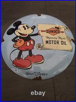 Vintage Style Enamel Advertising 12 Micky Mouse Sunoco Motor Oil Sign