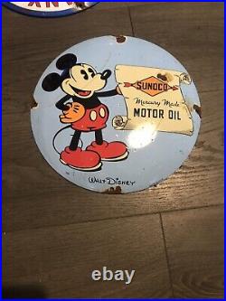 Vintage Style Enamel Advertising 12 Micky Mouse Sunoco Motor Oil Sign