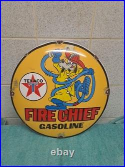 Vintage Texaco Gasoline Enamel Button Sign Disney Goofy 29cm Wide