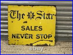 Vintage The Star Newspaper Yellow Enamel Newsagent Shop Sign Wall Art Man Cave