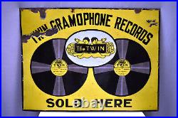 Vintage Twin Gramophone Records Sign Board Porcelain Enamel Double Sided Collect