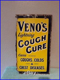 Vintage Venos Cough Cure Yellow Enamel Advertising Sign 61 cm x 36