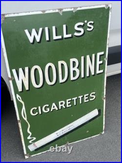Vintage Wills's Woodbines Cigarette Enamel Advertising Sign 36x24 Great Patina Vintage Wills's Woodbines Cigarette Enamel Advertising Sign 36x24 Great Patina