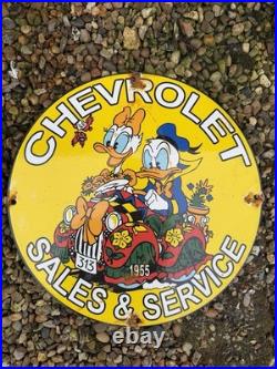 Vintage Yellow Donald And Daisy Duck Chevrolet Enamel Sign