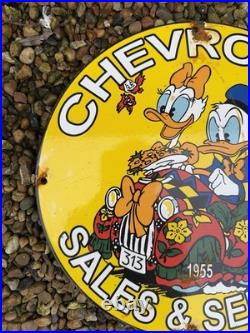 Vintage Yellow Donald And Daisy Duck Chevrolet Enamel Sign