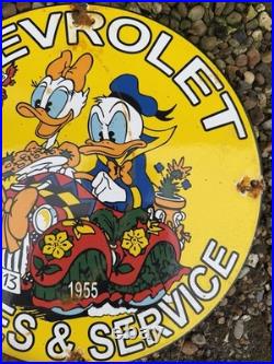Vintage Yellow Donald And Daisy Duck Chevrolet Enamel Sign