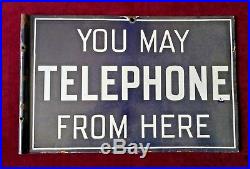 Vintage'You May Telephone From Here' Blue Enamel Sign Double Sided 19 x 12