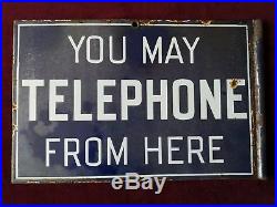 Vintage'You May Telephone From Here' Blue Enamel Sign Double Sided 19 x 12